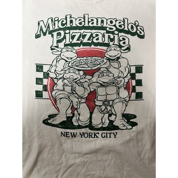 Teenage Mutant Ninja Turtles Shirt Mens Large White Michelangelos Pizzaria NYC - Picture 2 of 3